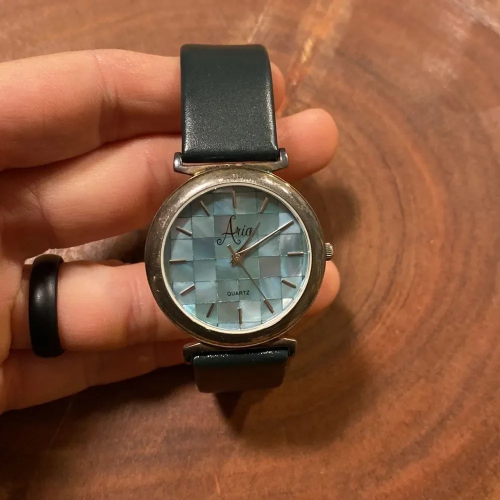 ARIA Sterling Silver Quartz Watch - Green Mother of Pearl Face & Leather‎ Band